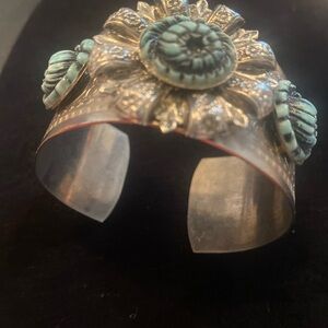 Funky Chunky Silver Tone Faux Turquoise Flower Cuff |Maximalist